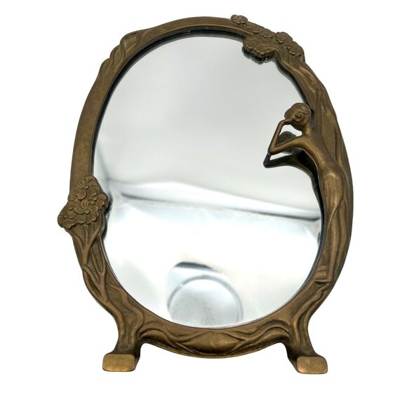 Vintage Art Nouveau Free Standing Brass Vanity Mirror Woman Floral Design 10.5"H - Picture 7 of 9